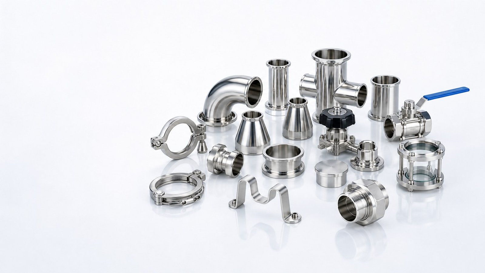 Sanitary stainless steel fittings, valves, clamps and OEM parts on a white studio background